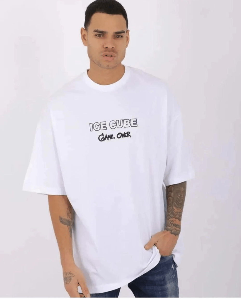 Erkek Kısa Kol Yazlık Tişört Bisiklet Yaka Baskılı Oversize T-Shirt - Beyaz