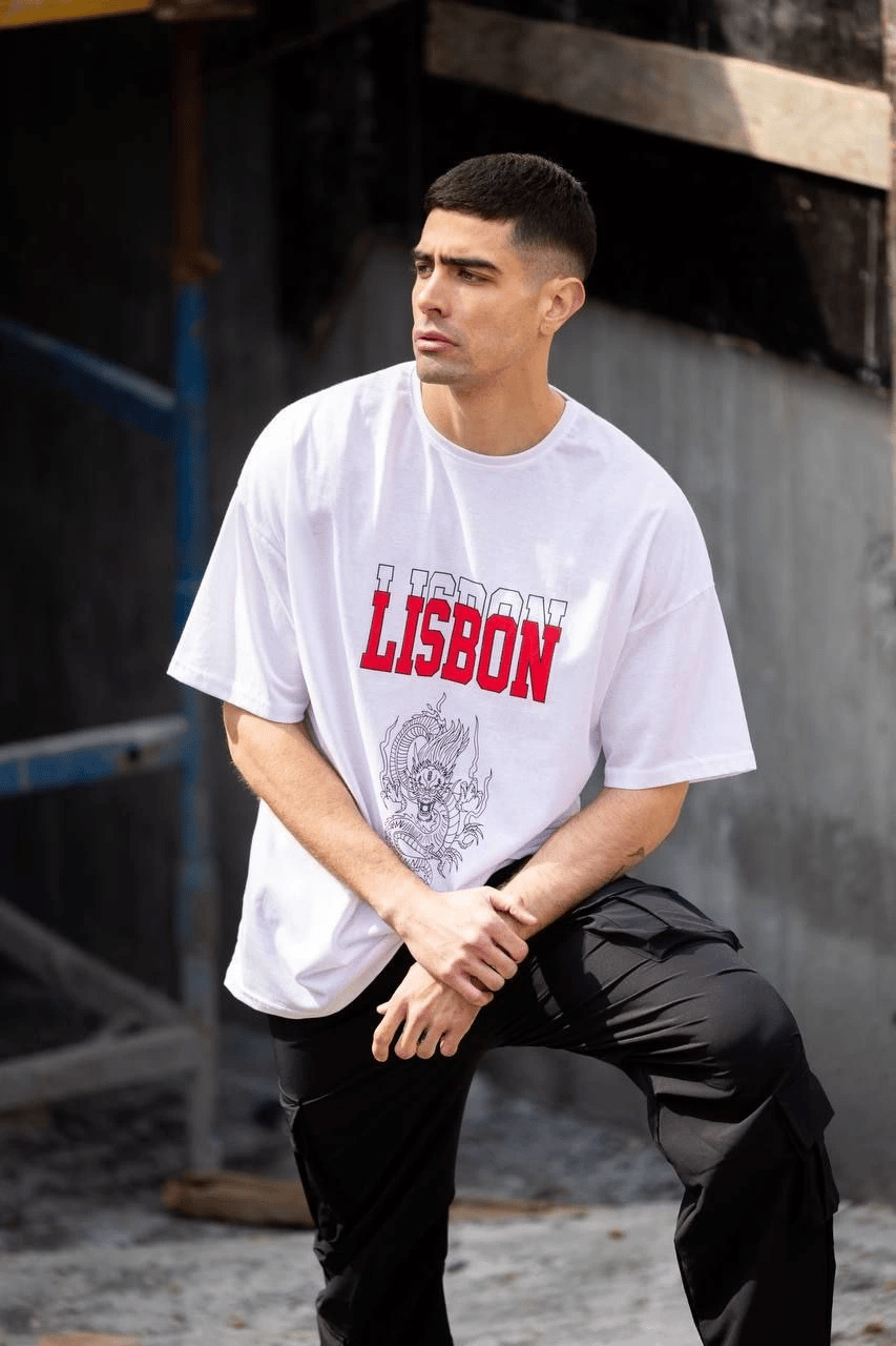 Erkek Kısa Kol Yazlık Tişört Bisiklet Yaka Baskılı Oversize T-Shirt - Beyaz