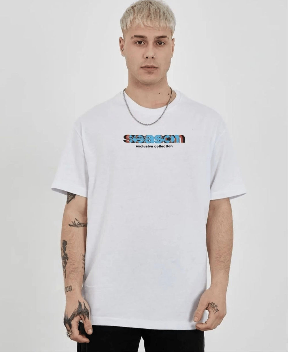 Erkek Kısa Kol Yazlık Tişört Bisiklet Yaka Baskılı Oversize T-Shirt - Beyaz