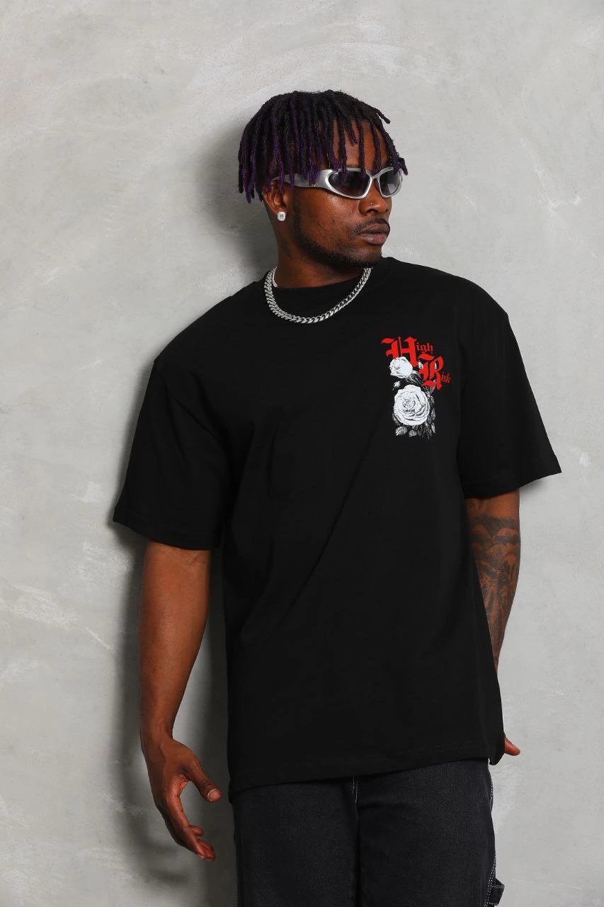 Erkek Kısa Kol Yazlık Tişört Bisiklet Yaka Baskılı Oversize T-Shirt - Siyah