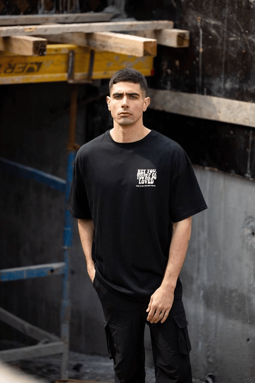 Erkek Kısa Kol Yazlık Tişört Bisiklet Yaka Baskılı Oversize T-Shirt - Siyah
