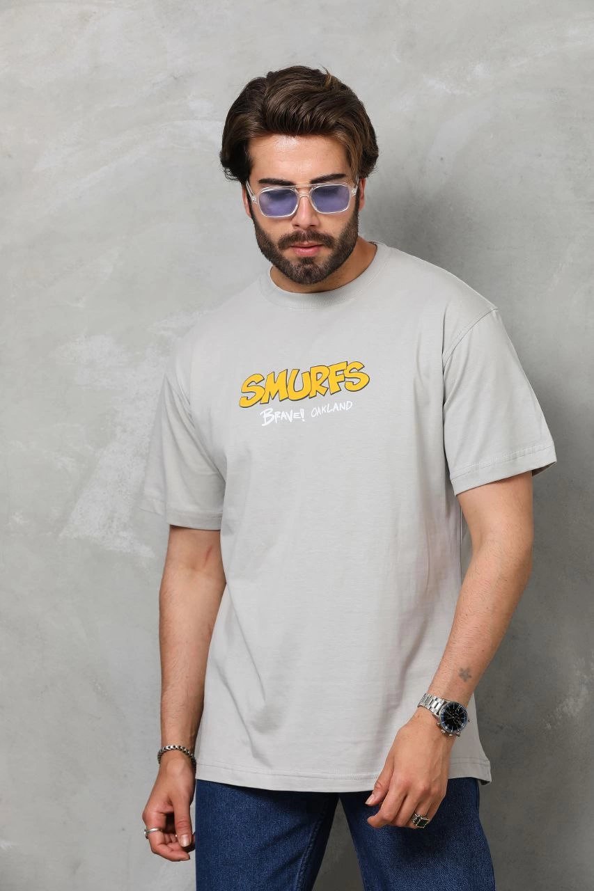 Erkek Kısa Kol Yazlık Tişört Bisiklet Yaka Baskılı Oversize T-Shirt - Gri