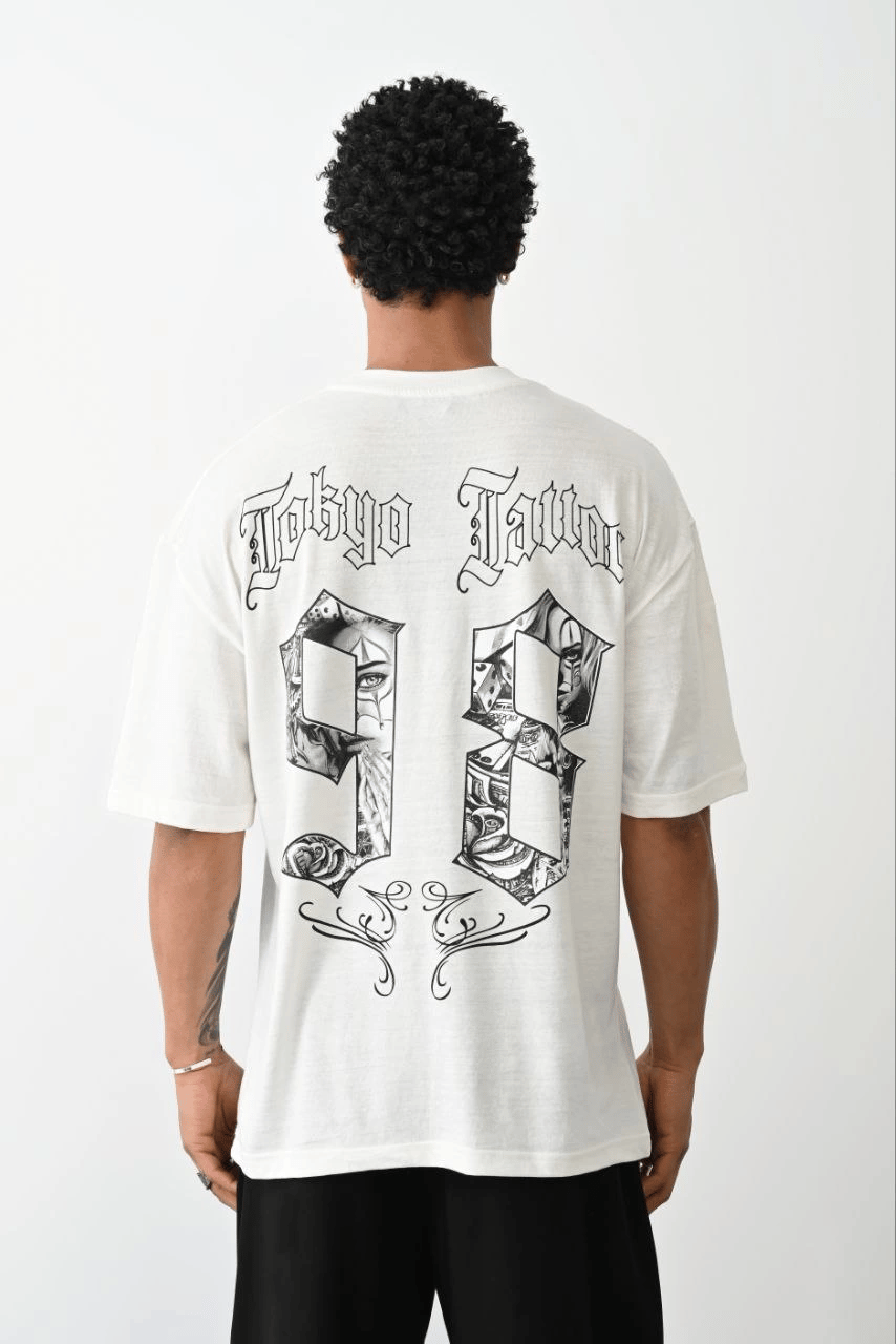 Erkek Kısa Kol Yazlık Tişört Bisiklet Yaka Baskılı Oversize T-Shirt - Beyaz