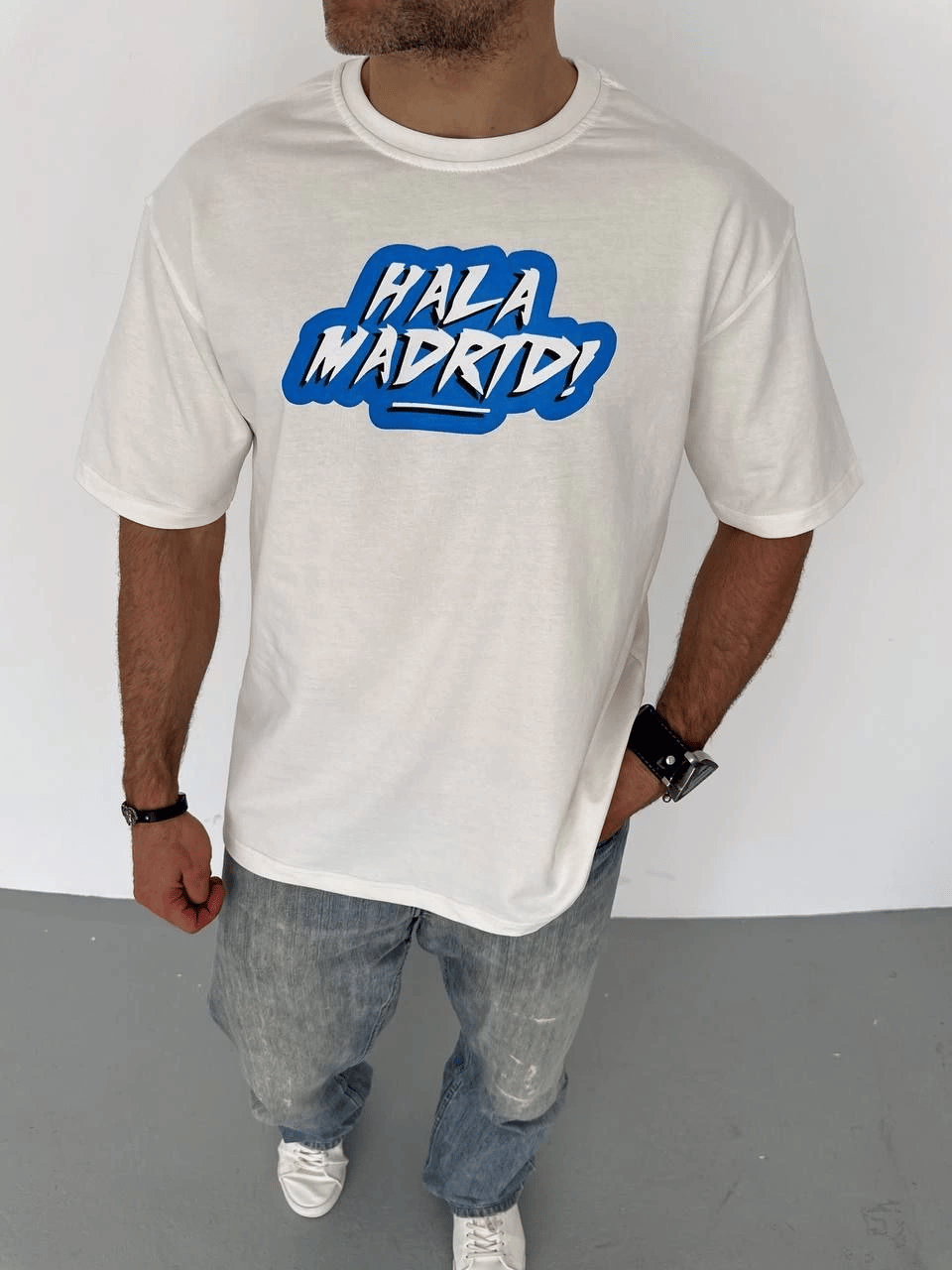 Erkek Kısa Kol Yazlık Tişört Bisiklet Yaka Baskılı Oversize T-Shirt - Beyaz