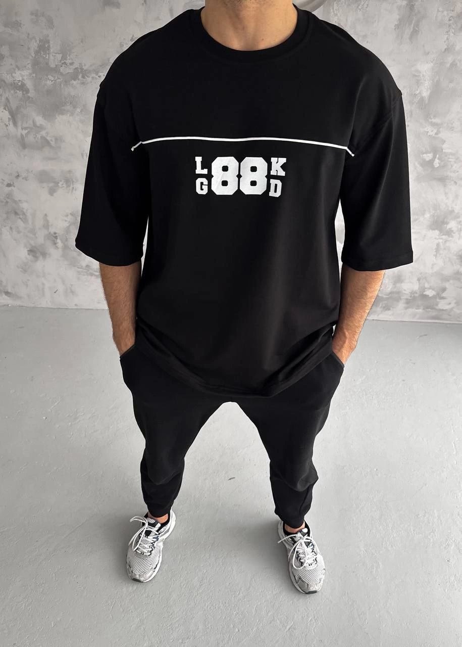 Erkek Kısa Kol Yazlık Tişört Bisiklet Yaka Baskılı Oversize T-Shirt - Siyah