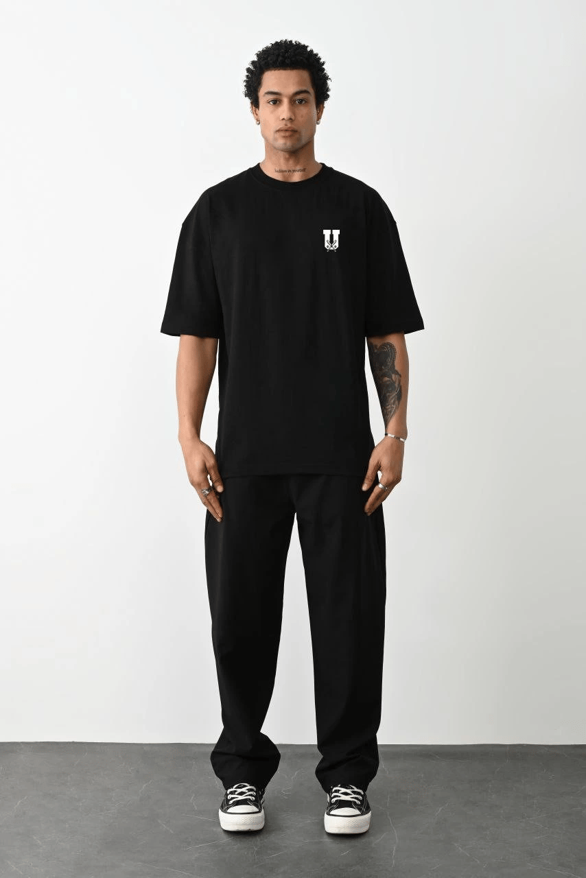 Erkek Kısa Kol Yazlık Tişört Bisiklet Yaka Baskılı Oversize T-Shirt - Siyah