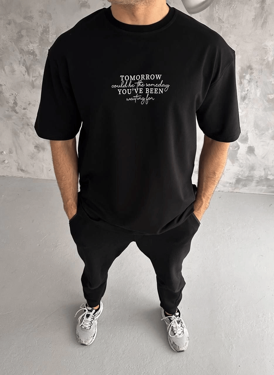 Erkek Kısa Kol Yazlık Tişört Bisiklet Yaka Baskılı Oversize T-Shirt - Siyah