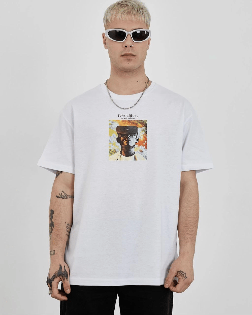 Erkek Kısa Kol Yazlık Tişört Bisiklet Yaka Baskılı Oversize T-Shirt - Beyaz