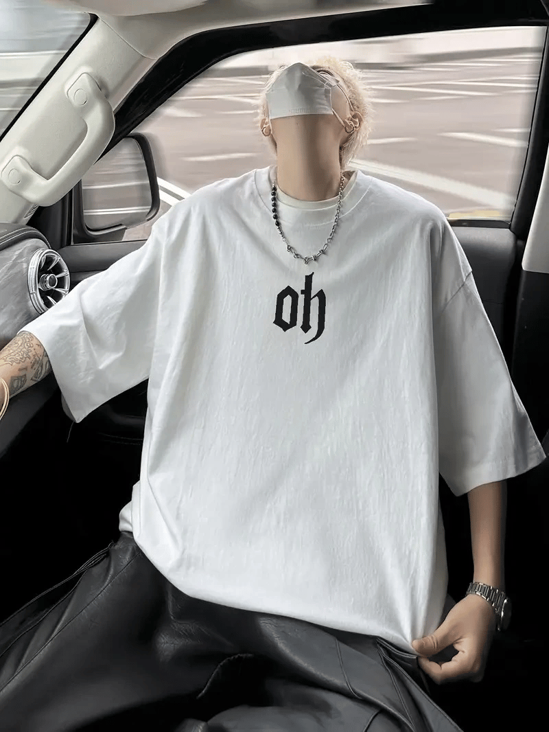 Erkek Kısa Kol Yazlık Tişört Bisiklet Yaka Baskılı Oversize T-Shirt - Beyaz