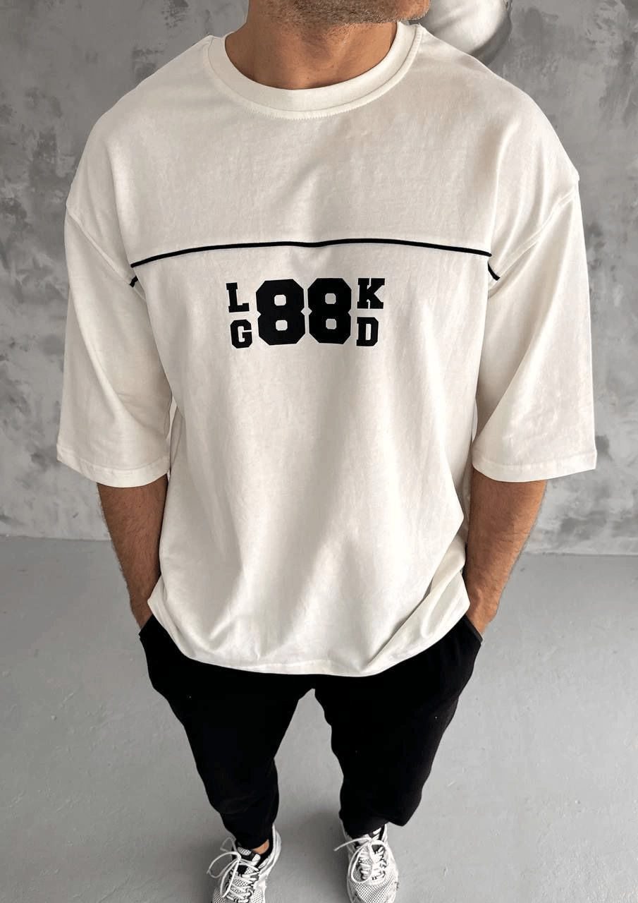 Erkek Kısa Kol Yazlık Tişört Bisiklet Yaka Baskılı Oversize T-Shirt - Beyaz