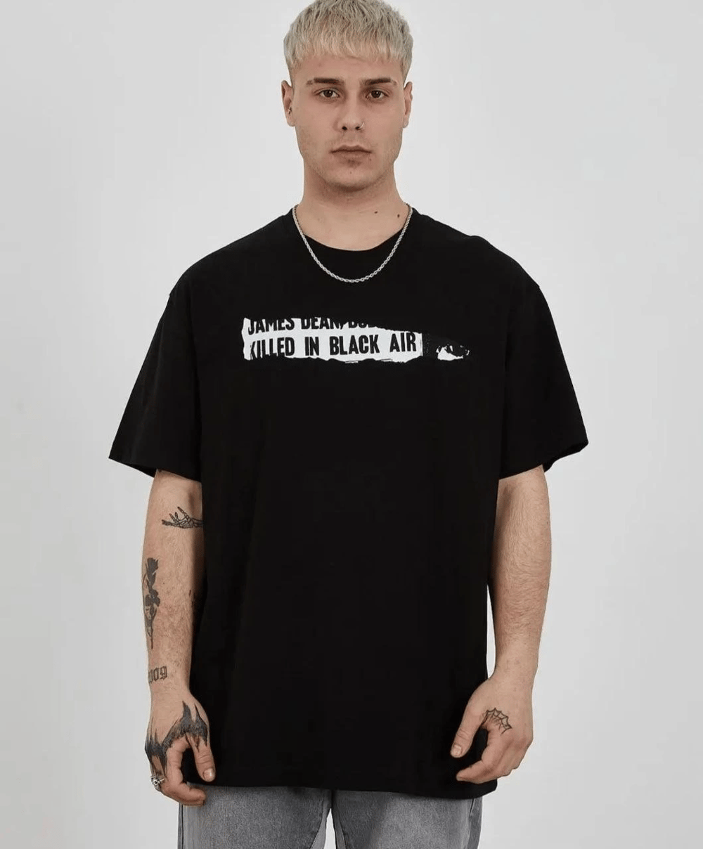 Erkek Kısa Kol Yazlık Tişört Bisiklet Yaka Baskılı Oversize T-Shirt - Siyah