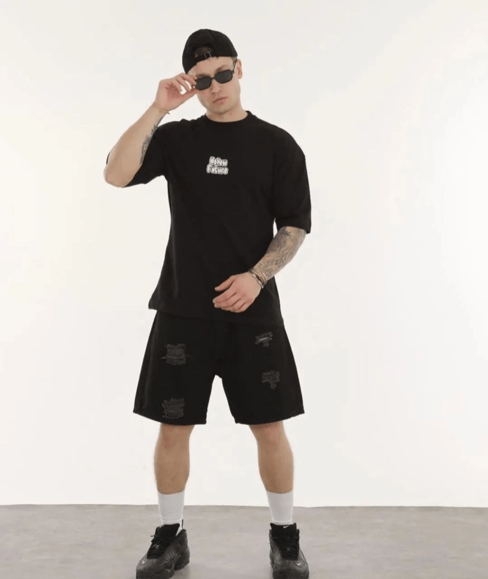 Erkek Kısa Kol Yazlık Tişört Bisiklet Yaka Baskılı Oversize T-Shirt - Siyah