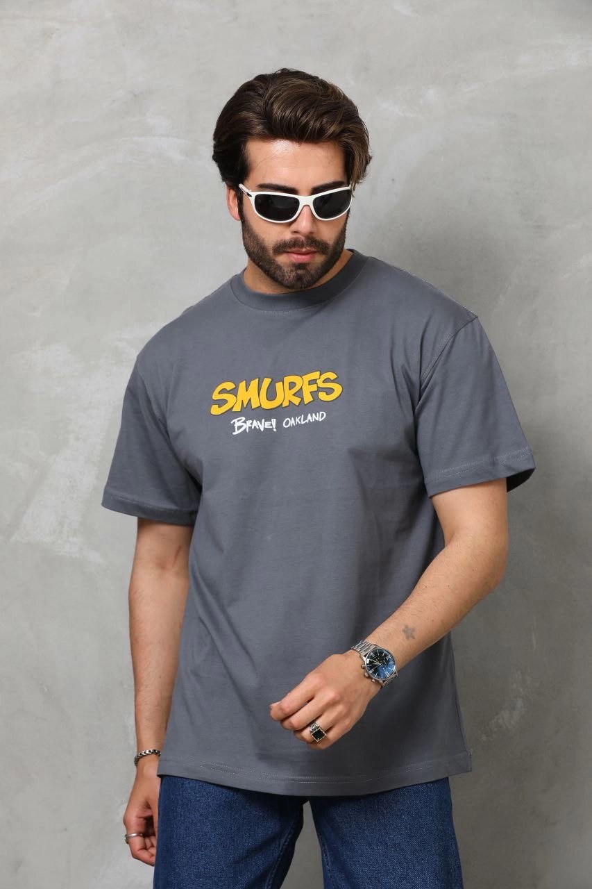 Erkek Kısa Kol Yazlık Tişört Bisiklet Yaka Baskılı Oversize T-Shirt - Füme