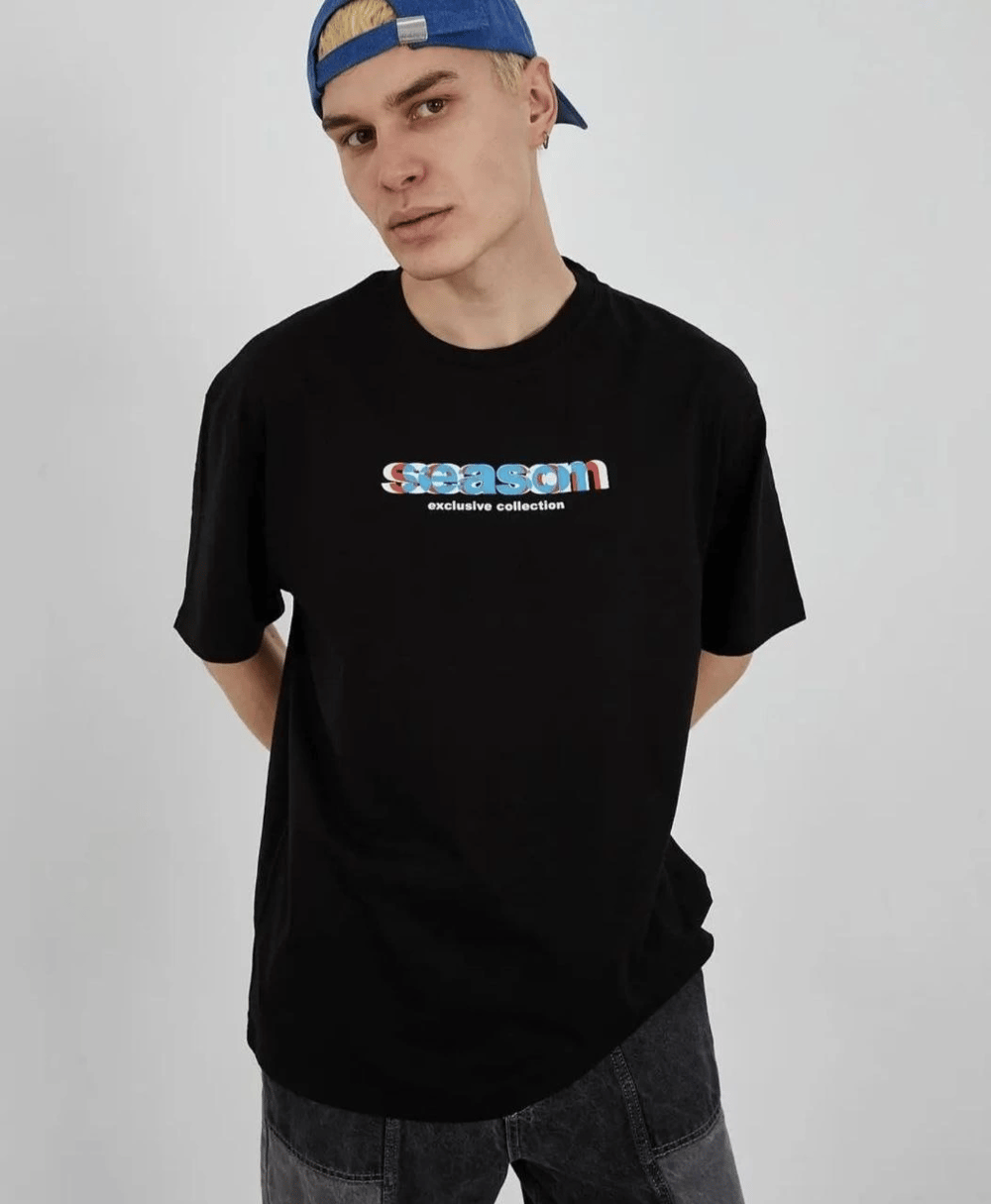 Erkek Kısa Kol Yazlık Tişört Bisiklet Yaka Baskılı Oversize T-Shirt - Siyah