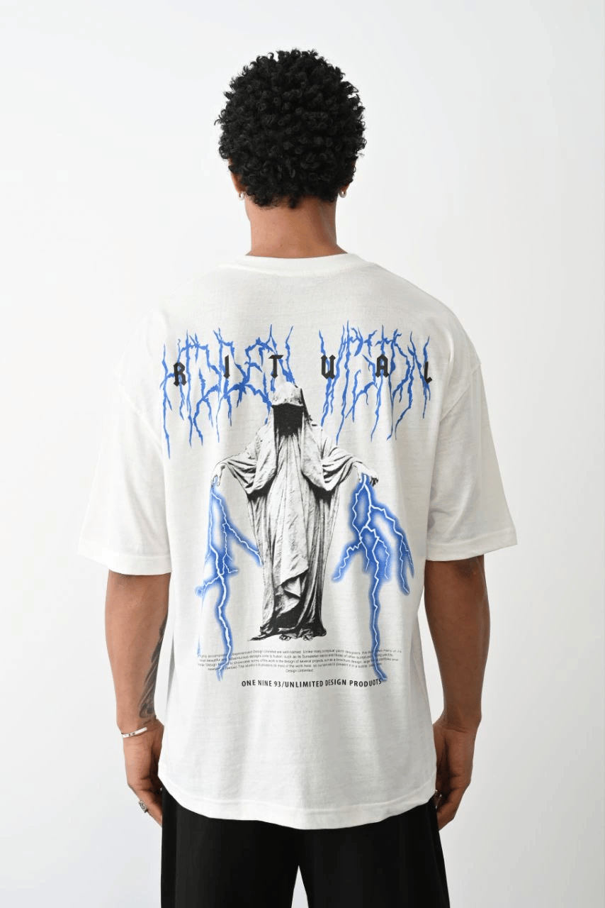 Erkek Kısa Kol Yazlık Tişört Bisiklet Yaka Baskılı Oversize T-Shirt -  Beyaz