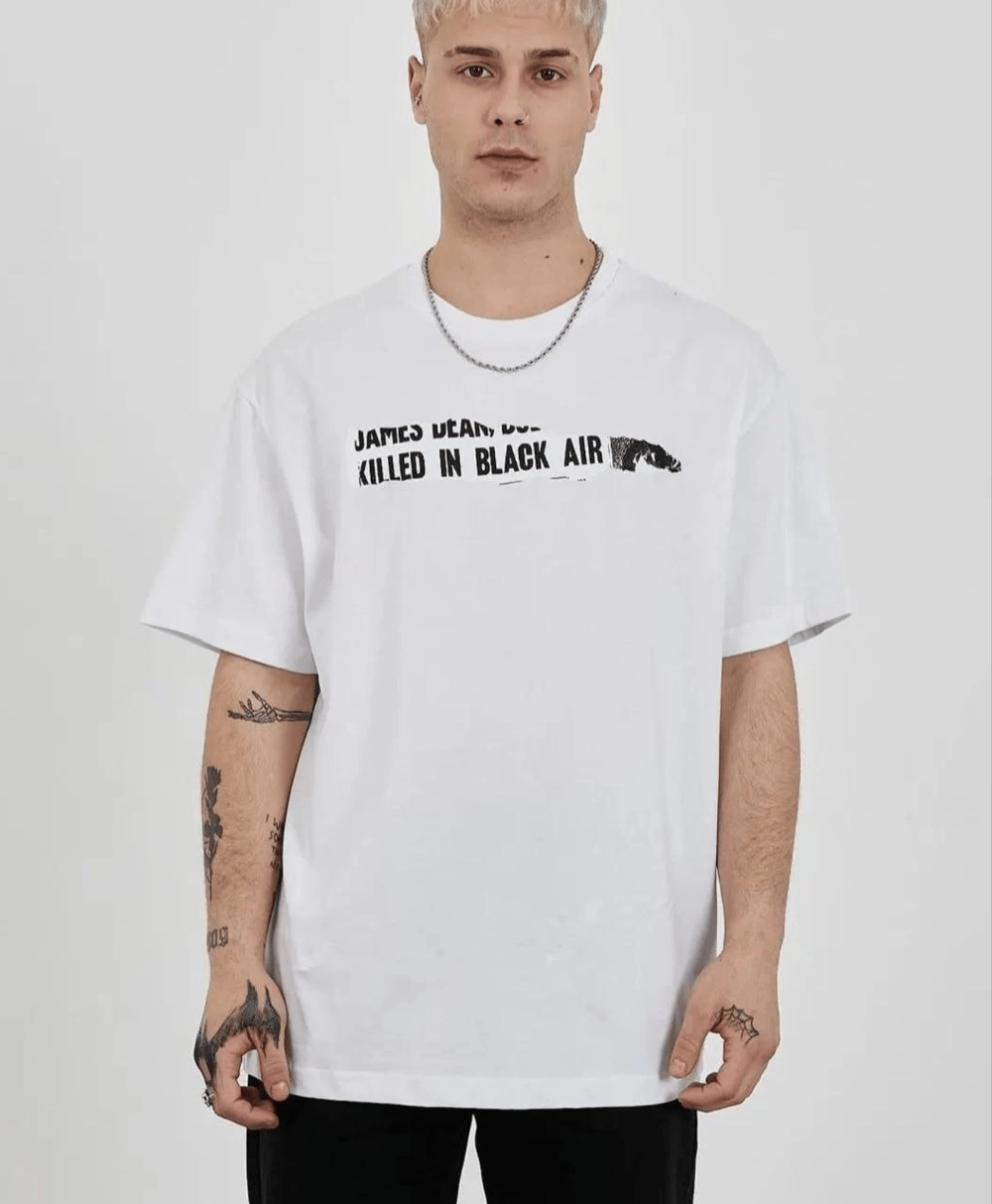 Erkek Kısa Kol Yazlık Tişört Bisiklet Yaka Baskılı Oversize T-Shirt - Beyaz