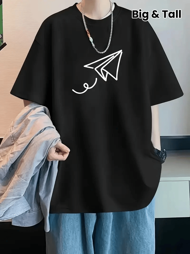 Erkek Kısa Kol Yazlık Tişört Bisiklet Yaka Baskılı Oversize T-Shirt - Siyah