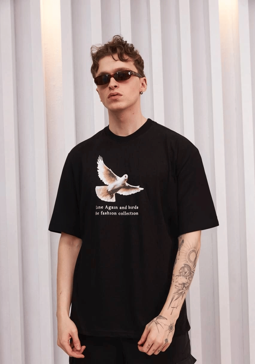Erkek Kısa Kol Yazlık Tişört Bisiklet Yaka Baskılı Oversize T-Shirt - Siyah