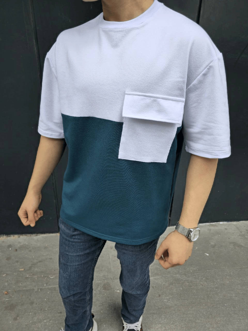 Erkek Kısa Kol Yazlık Tişört Torba Cepli Parçalı T-Shirt - Lacivert