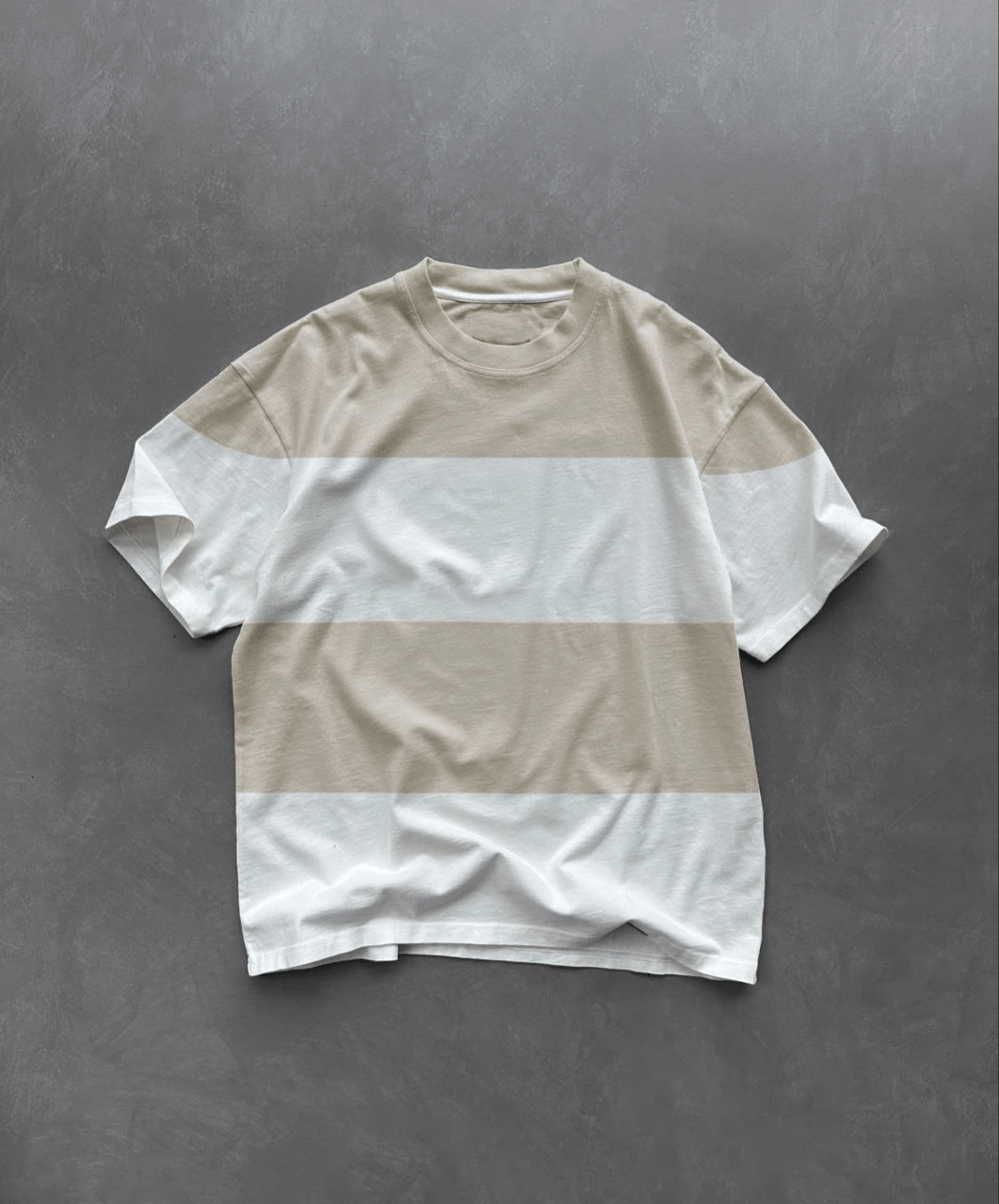 Erkek  Kısa kol  Bisiklet Yaka Parçalı T-Shirt - Bej