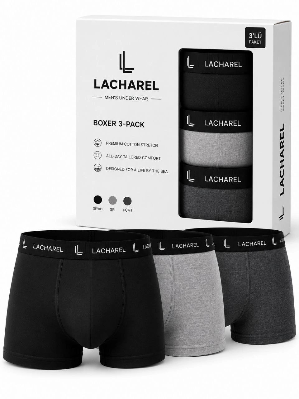 Erkek Likralı Pamuklu Nefes Alan Penye Boxer 3'lü Paket - Siyah - Gri - Füme