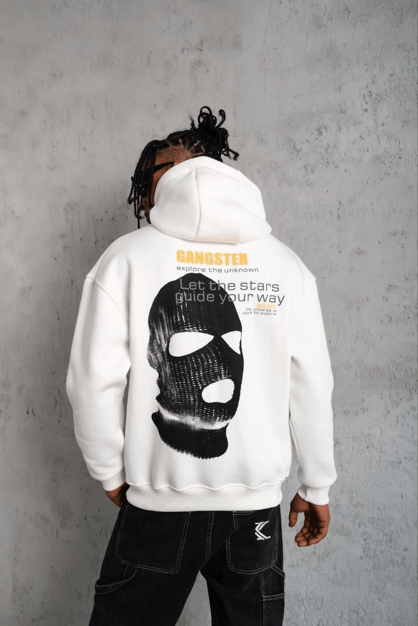 Erkek Maske Baskılı 3 iplik pamuklu Kapüşonlu Sweatshirt hoodie - Beyaz
