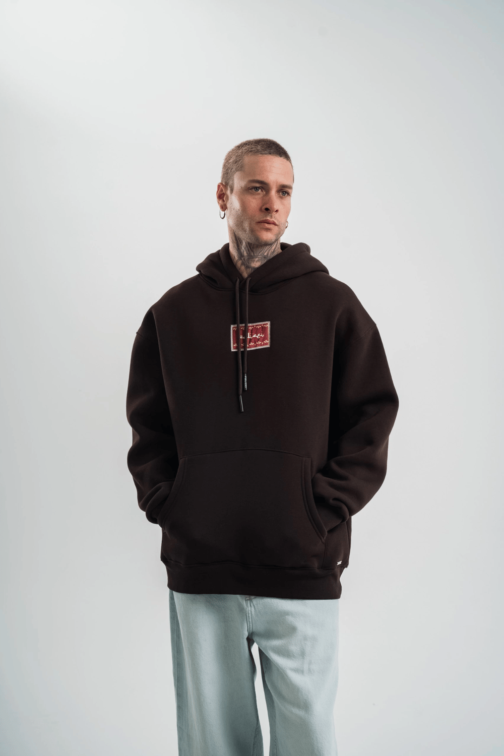 Erkek Nakışlı Kapüşonlu Oversize 3 İplik Pamuklu SweatShirt Hoodie - Siyah