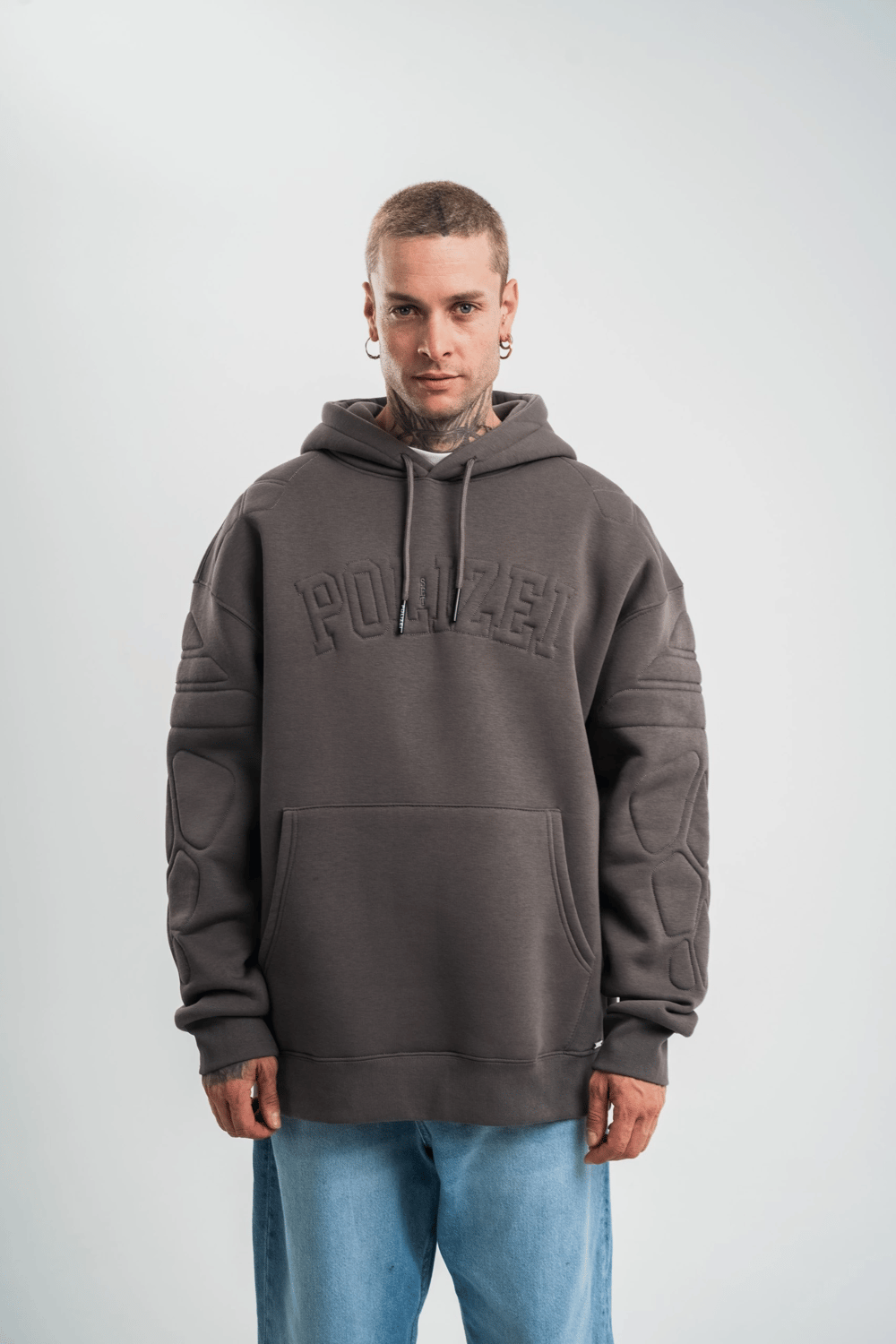Erkek Nakışlı Kapüşonlu Oversize 3 İplik Pamuklu SweatShirt Hoodie - Füme