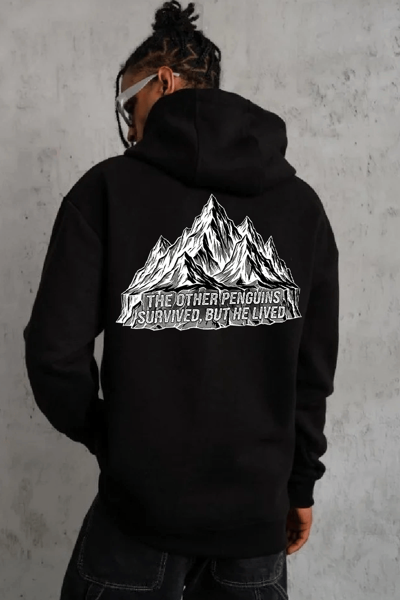 Erkek Nihilist Penguen Baskılı 3 İplik Pamuklu Kapüşonlu Sweatshirt Hoodie Siyah