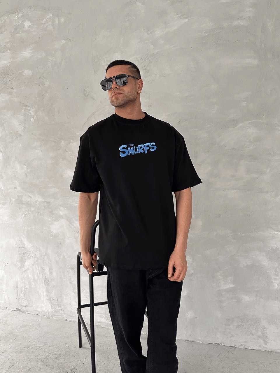 Erkek Ön ve Arka Baskılı T-Shirt Kısa Kol Bisiklet Yaka Regular Fit Tişört - Siyah