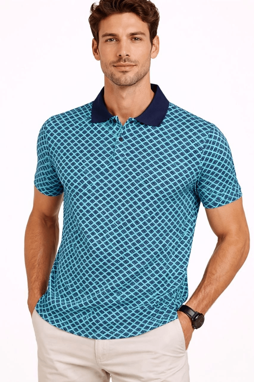 Erkek Pike Kumaş Polo Yaka Desenli Tişört Kısa Kol Yazlık T-Shirt - Turkuaz
