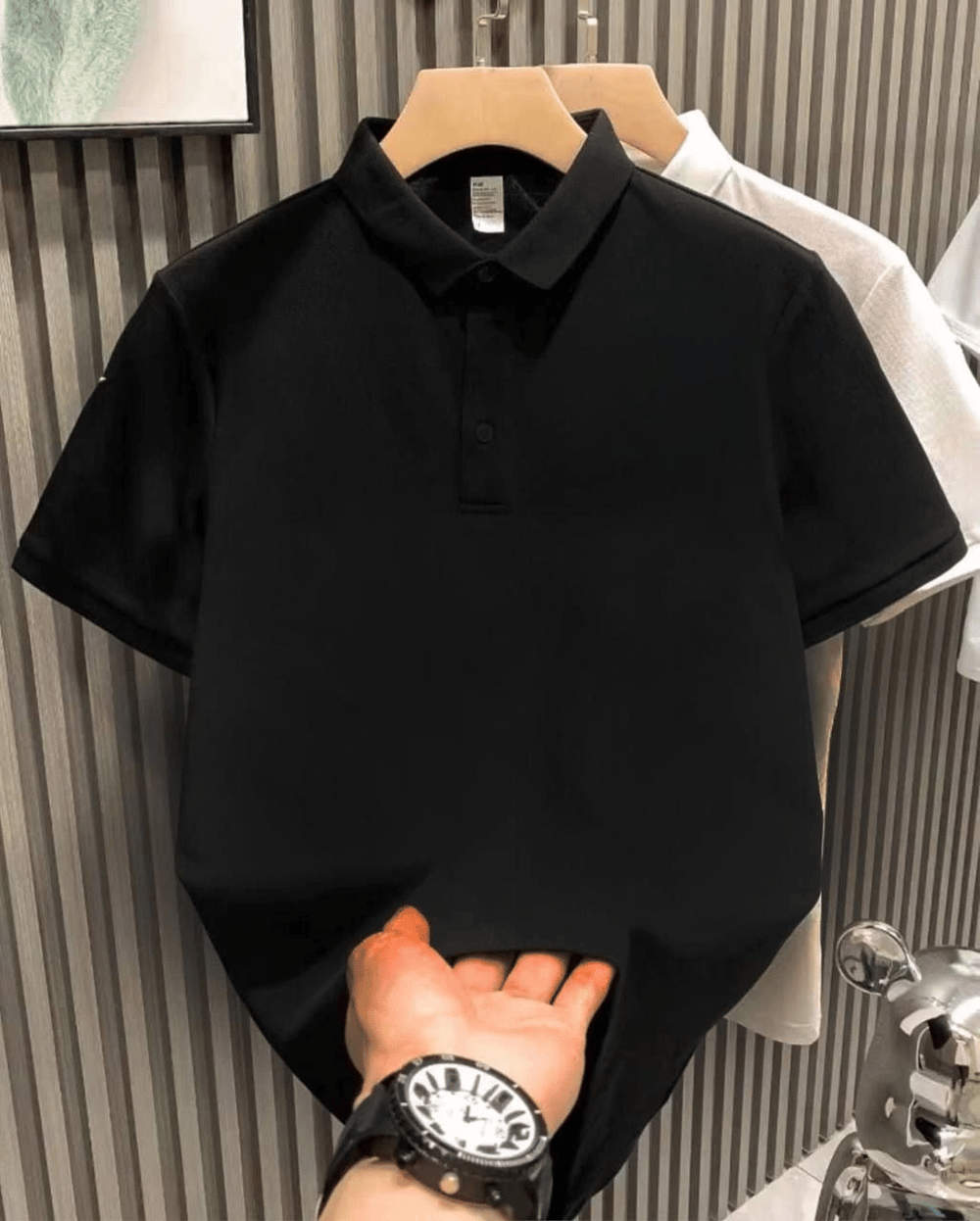 Erkek Polo Yaka Tişört Düğmeli Pike Düz T-Shirt - Siyah