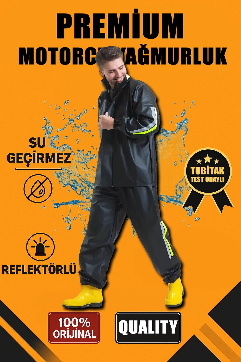 Erkek Premium Motorcu Kurye Yağmurluk Takım Su Geçirmez PVC Kumaş Reflektörlü  - Siyah