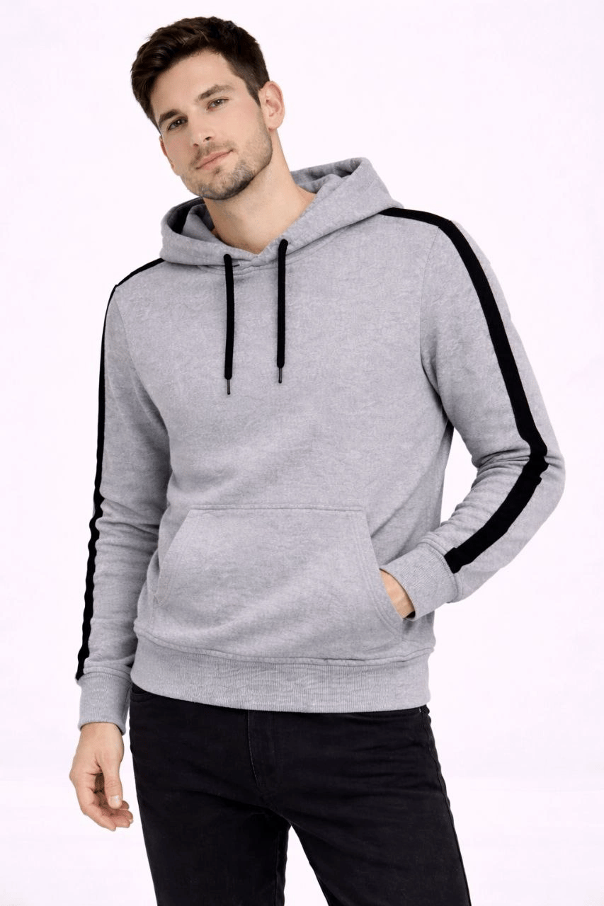 Erkek Şeritli Kapüşonlu Sweatshirt Oversize 3 iplik Pamuklu Hoodie - Gri