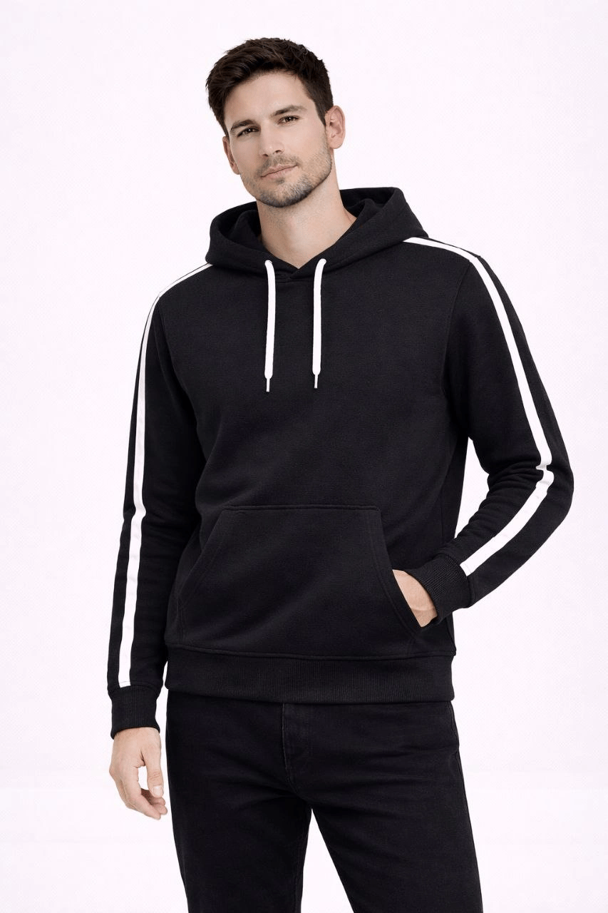 Erkek Şeritli Kapüşonlu Sweatshirt Oversize 3 iplik Pamuklu Hoodei - Siyah