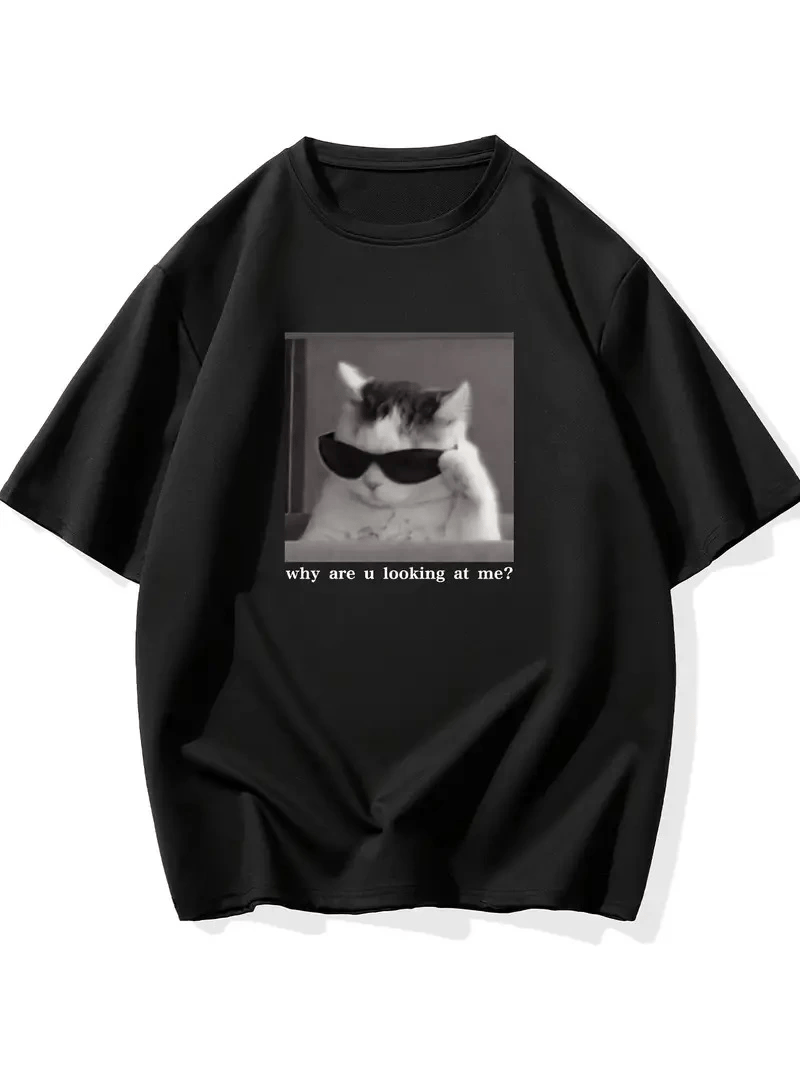 Erkek T-Shirt Komik Kedi Baskılı kısa kol Tişört - Siyah