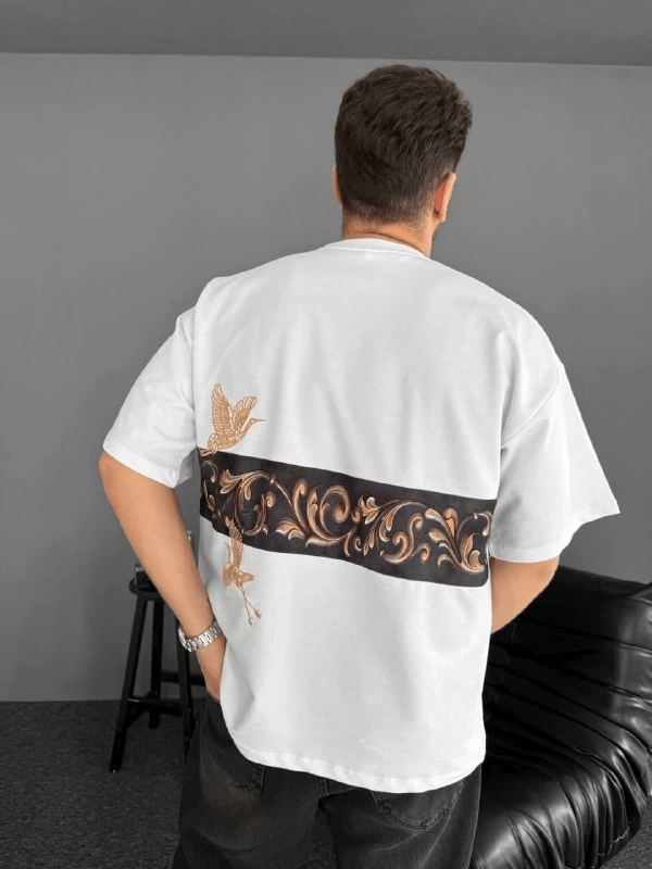 Erkek T-Shirt Ön ve Arka Baskılı Oversize Bisiklet Yaka tişort - Beyaz