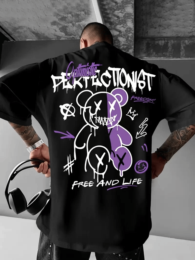 Erkek T-shirt Baskılı Bisiklet Yaka Kısa Kol Tişört - Siyah