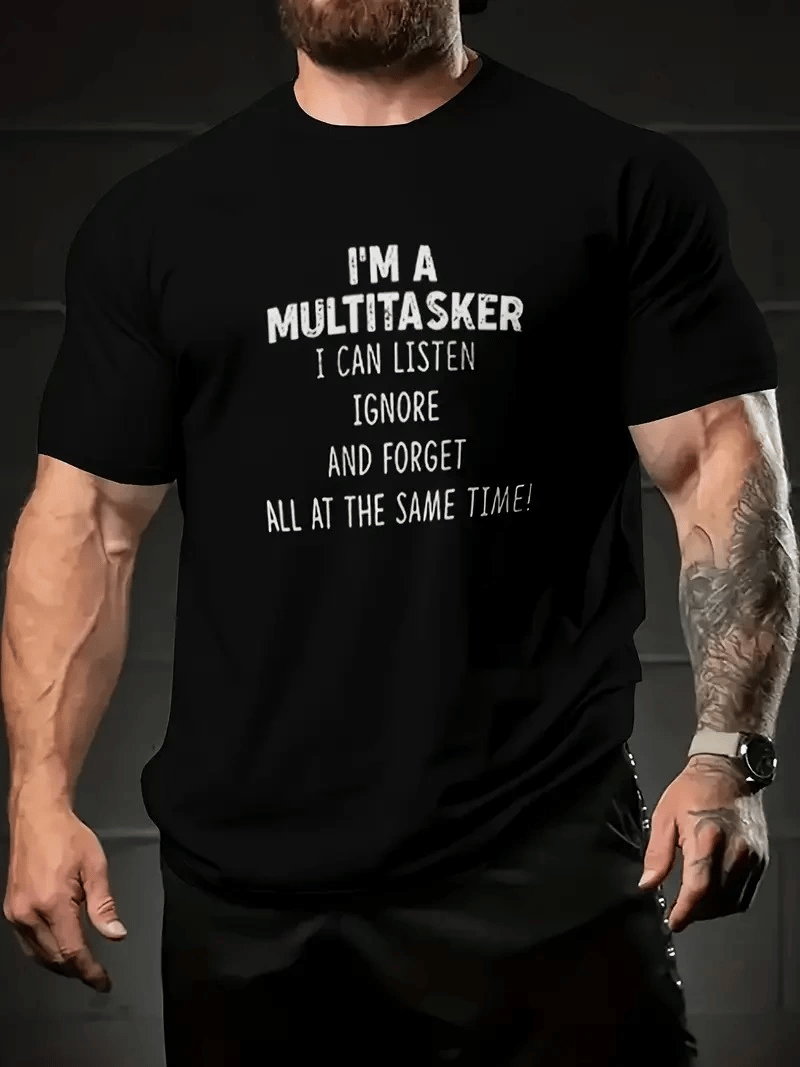 Erkek T-shirt Komik 'Multitasker' Baskılı Kısa kol Tişört - Siyah