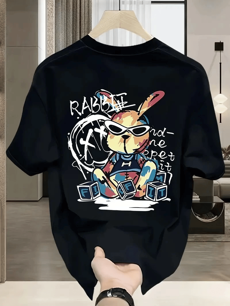 Erkek T-shirt Tavşan Baskılı Kısa Kollu Tişört - Siyah