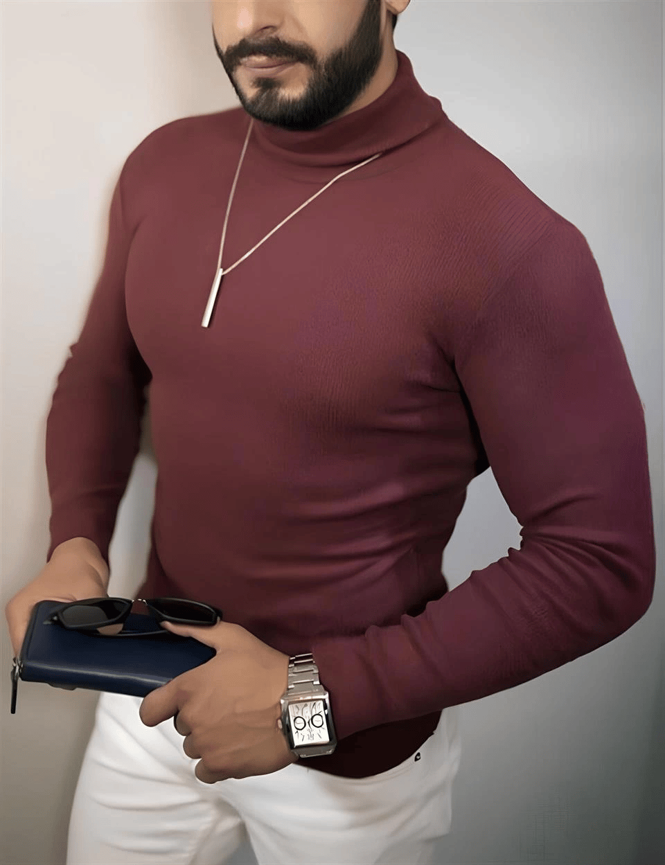 Erkek Tam Boğazlı Fitilli Kaşkorse Triko Likralı Extra Dar Kesim Slimfit Yumuşak - Bordo