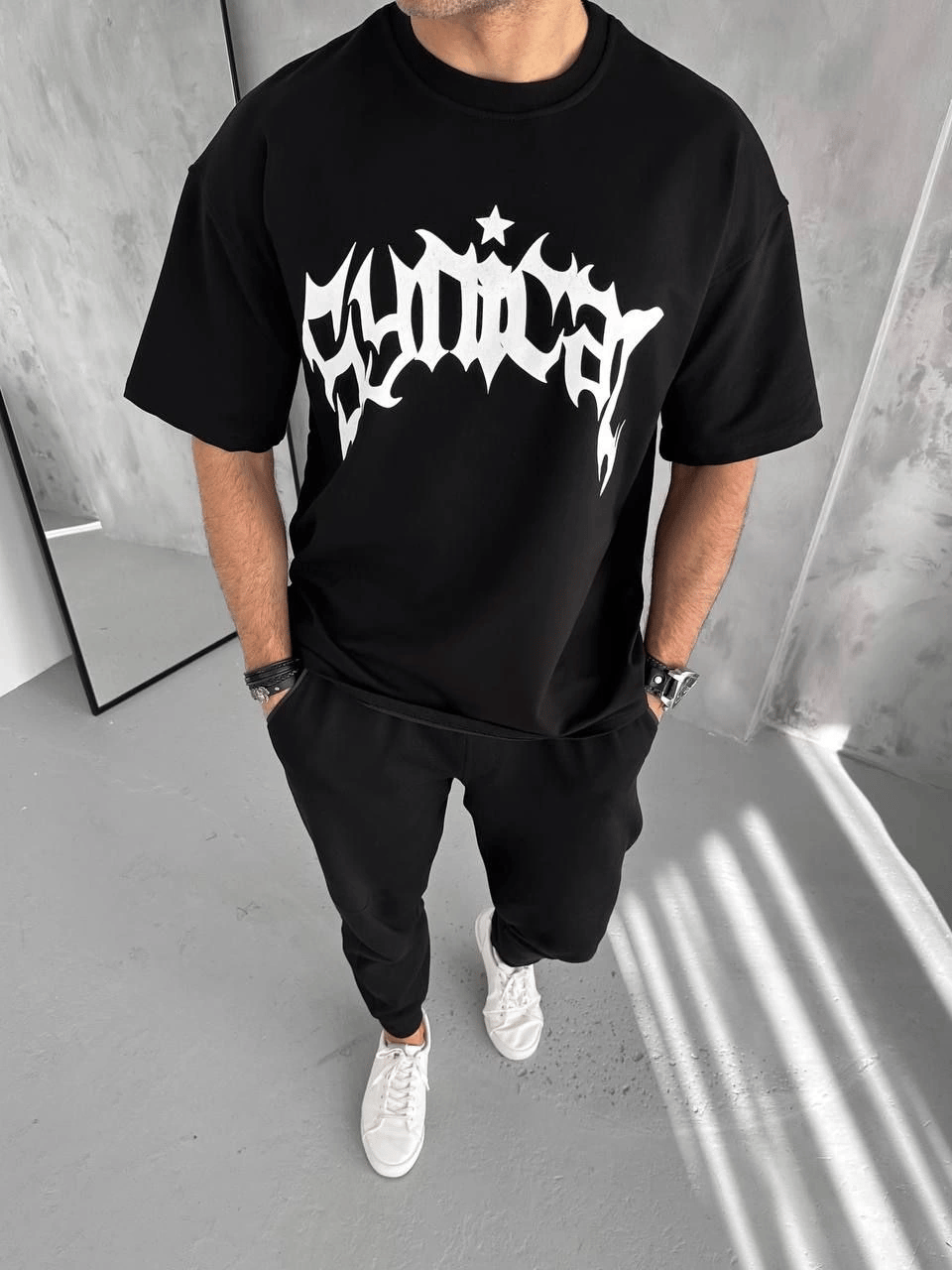 Erkek Tişört Bisiklet Yaka Baskılı Oversize Kısa kol T-Shirt - Siyah