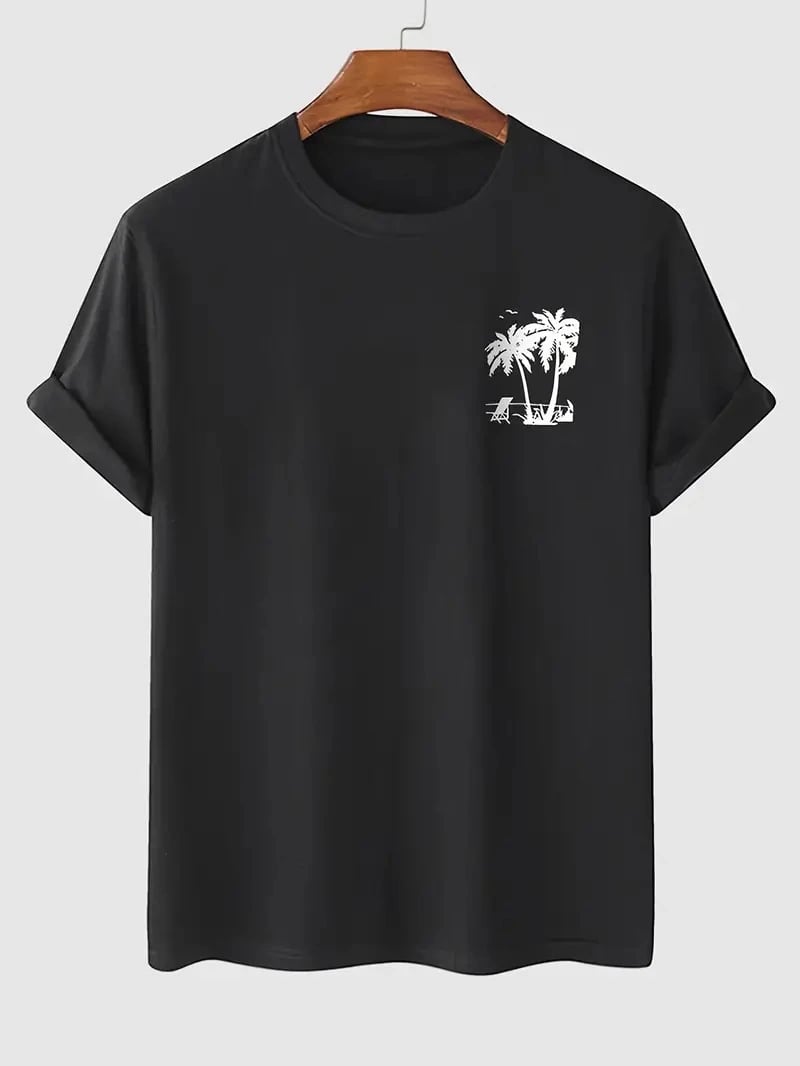 Erkek Tişört Palmiye Baskılı Bisiklet Yaka Kısa Kol Yazlık T-shirt - Siyah