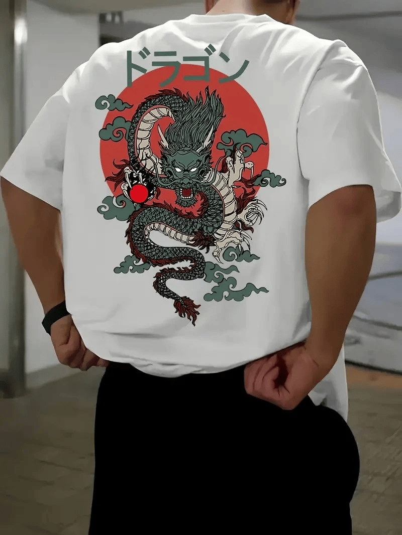 Erkek Tişört Penye Compack Ejder Baskılı Bisiklet Yaka T-shirt - Beyaz