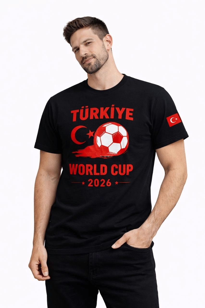 Erkek Türkiye World Cup 2026 Baskılı Tişört Futbol Temalı Forma T-Shirt - Siyah