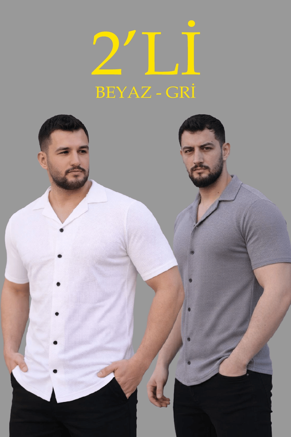 Erkek Waffle Dokuma Kumaş Açık Yakalı Düğmeli Gömlek 2’li Set Beyaz-Gri