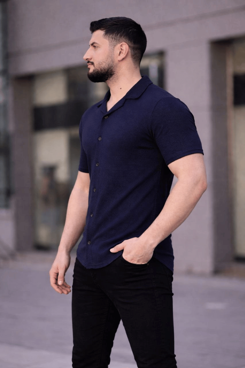 Erkek Waffle Kumaş Kısa Kollu Düğmeli Açık Yaka Regular Fit Gömlek - Lacivert