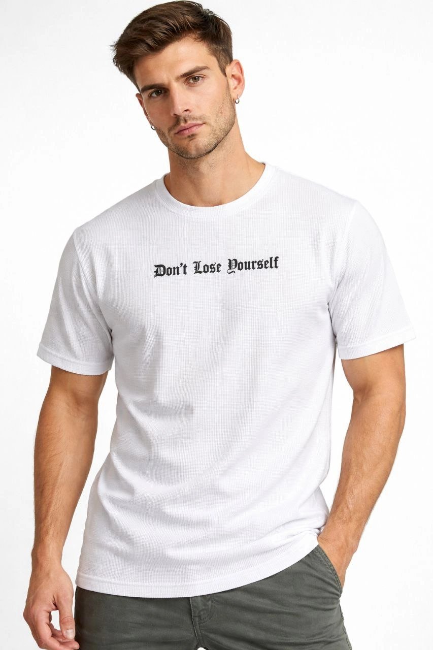 Erkek Wafıl Kumaş Tişört Regular Kalıp Bisiklet Yaka Baskılı T-Shirt - Beyaz
