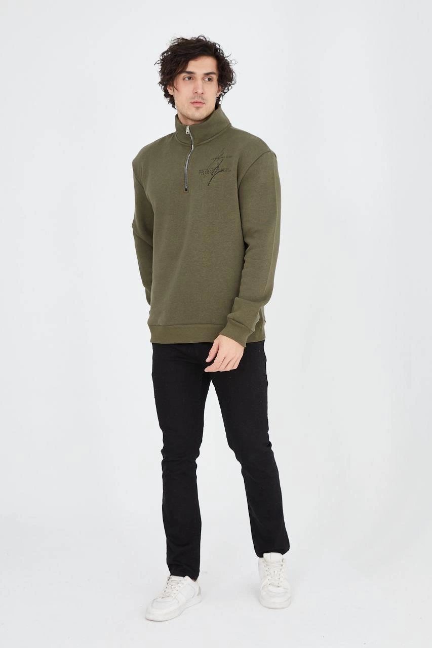Erkek Yarım Fermuarlı Baskılı 3 iplik pamuklu sweatshirt - Yeşil