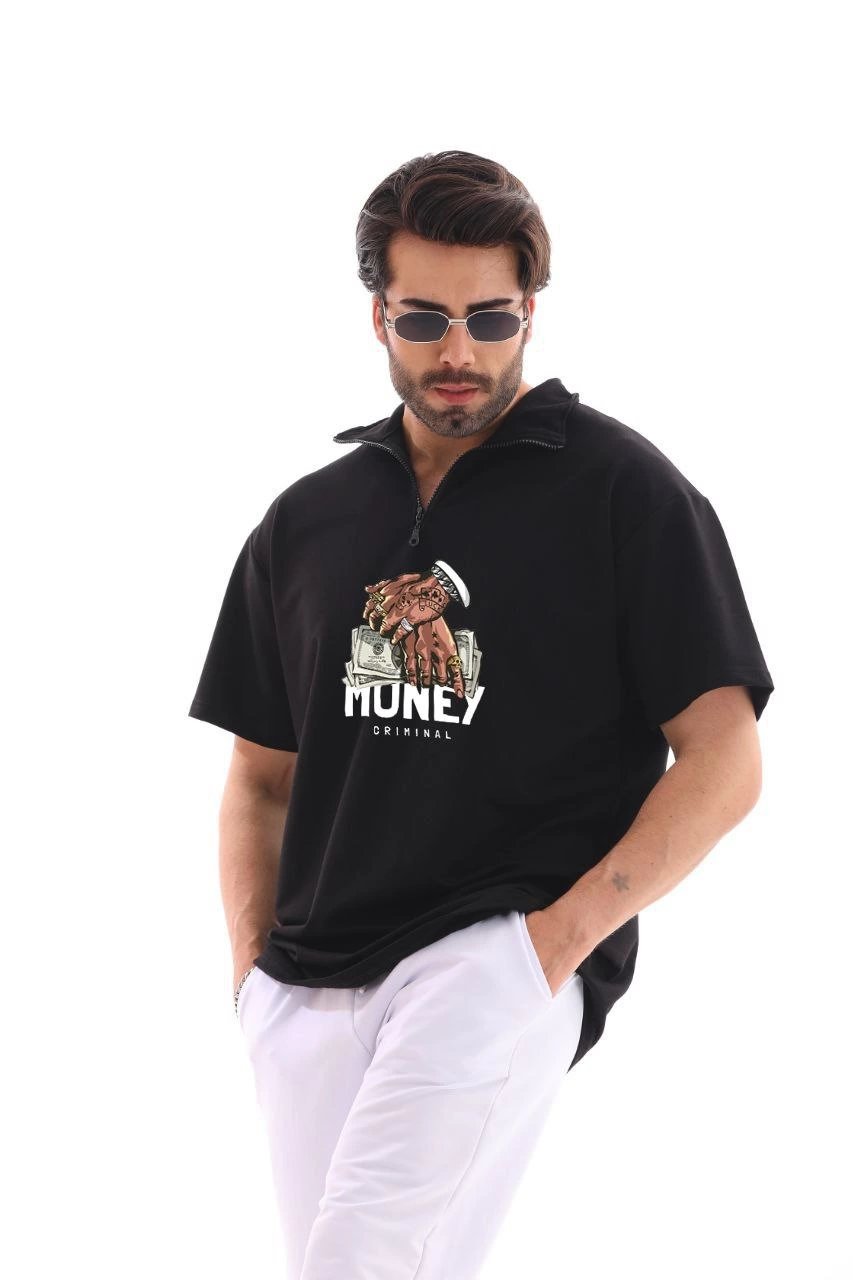 Erkek Yarım Fermuarlı Oversize Baskılı T-Shirt - Siyah